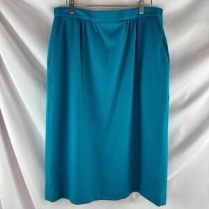 100 Pure Wool Teal Blue Midi Skirt Lined Pockets Work Office Winter Women 12